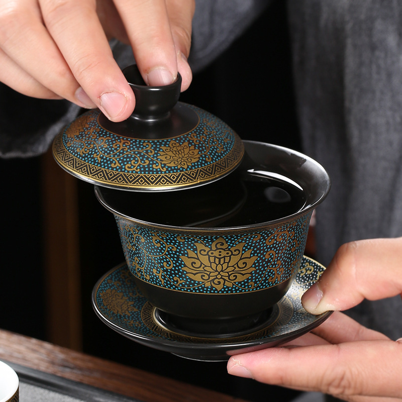 Korean Tea Set - Chinesisches Teeset, klassische Gaiwan-Teetassen, schwarzer Ton,